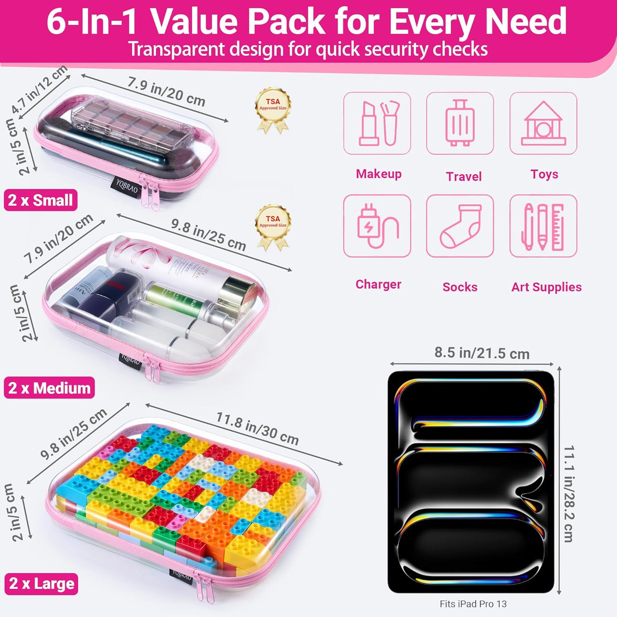 Clear Hard Shell Zipper Case, 1.2mm Heavy Duty Crush-Proof Diaper Bag Organizer Pouches, TSA Approved Travel Makeup Bag for Toiletries & Electronics, (2L, 2M, 2S) Multi-Size Storage Set