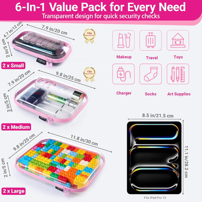 Clear Hard Shell Zipper Case, 1.2mm Heavy Duty Crush-Proof Diaper Bag Organizer Pouches, TSA Approved Travel Makeup Bag for Toiletries & Electronics, (2L, 2M, 2S) Multi-Size Storage Set