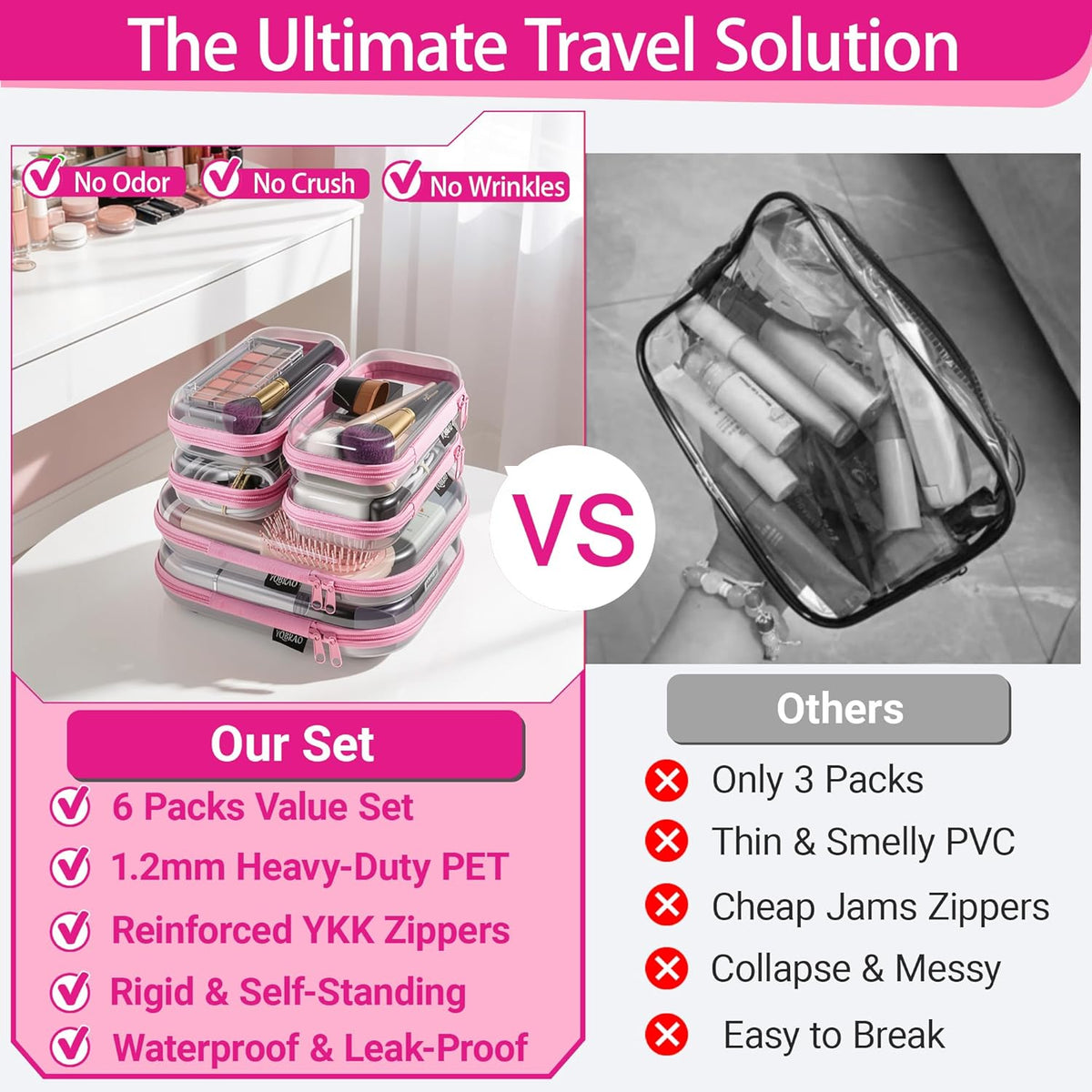 Clear Hard Shell Zipper Case, 1.2mm Heavy Duty Crush-Proof Diaper Bag Organizer Pouches, TSA Approved Travel Makeup Bag for Toiletries & Electronics, (2L, 2M, 2S) Multi-Size Storage Set