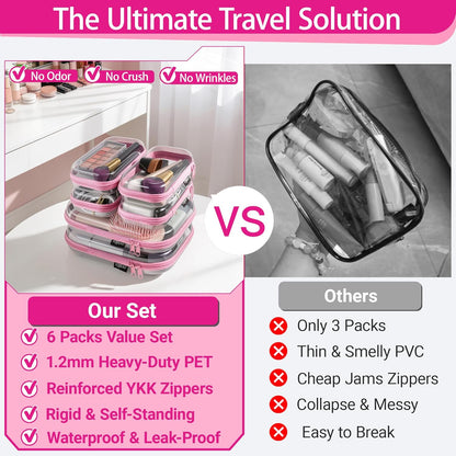 Clear Hard Shell Zipper Case, 1.2mm Heavy Duty Crush-Proof Diaper Bag Organizer Pouches, TSA Approved Travel Makeup Bag for Toiletries & Electronics, (2L, 2M, 2S) Multi-Size Storage Set