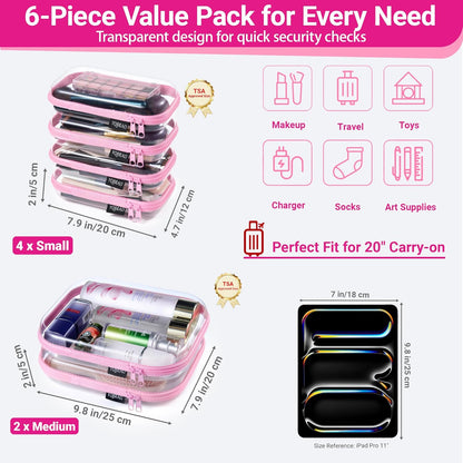 Clear Hard Shell Zipper Case, 1.2mm Heavy Duty Crush-Proof Diaper Bag Organizer Pouches, TSA Approved Travel Makeup Bag for Toiletries & Electronics, (2L, 2M, 2S) Multi-Size Storage Set