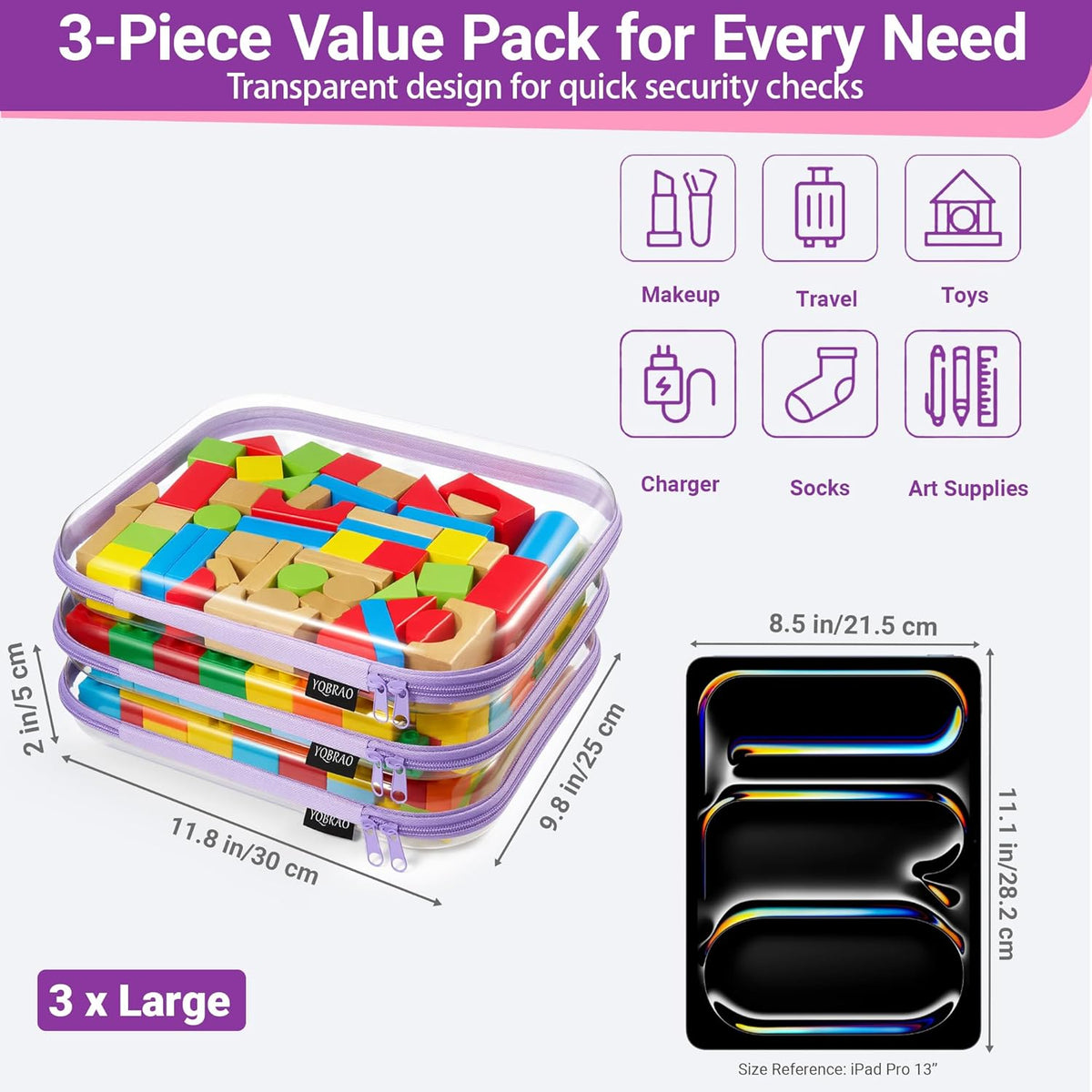 Clear Hard Shell Zipper Case, 1.2mm Heavy Duty Crush-Proof Diaper Bag Organizer Pouches, TSA Approved Travel Makeup Bag for Toiletries & Electronics, (2L, 2M, 2S) Multi-Size Storage Set