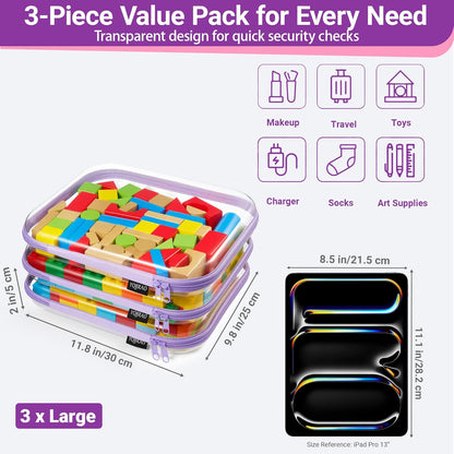 Clear Hard Shell Zipper Case, 1.2mm Heavy Duty Crush-Proof Diaper Bag Organizer Pouches, TSA Approved Travel Makeup Bag for Toiletries & Electronics, (2L, 2M, 2S) Multi-Size Storage Set
