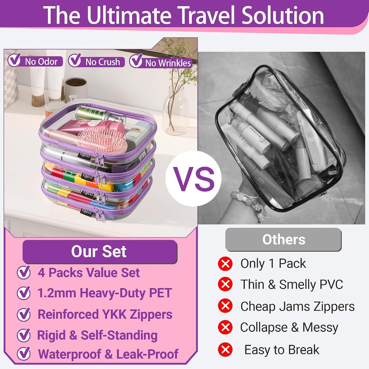 Clear Hard Shell Zipper Case, 1.2mm Heavy Duty Crush-Proof Diaper Bag Organizer Pouches, TSA Approved Travel Makeup Bag for Toiletries & Electronics, (2L, 2M, 2S) Multi-Size Storage Set