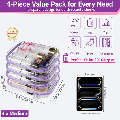 Clear Hard Shell Zipper Case, 1.2mm Heavy Duty Crush-Proof Diaper Bag Organizer Pouches, TSA Approved Travel Makeup Bag for Toiletries & Electronics, (2L, 2M, 2S) Multi-Size Storage Set