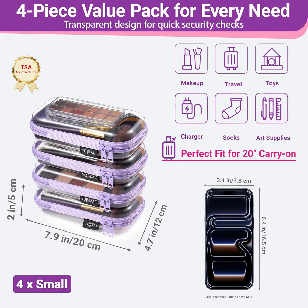 Clear Hard Shell Zipper Case, 1.2mm Heavy Duty Crush-Proof Diaper Bag Organizer Pouches, TSA Approved Travel Makeup Bag for Toiletries & Electronics, (2L, 2M, 2S) Multi-Size Storage Set