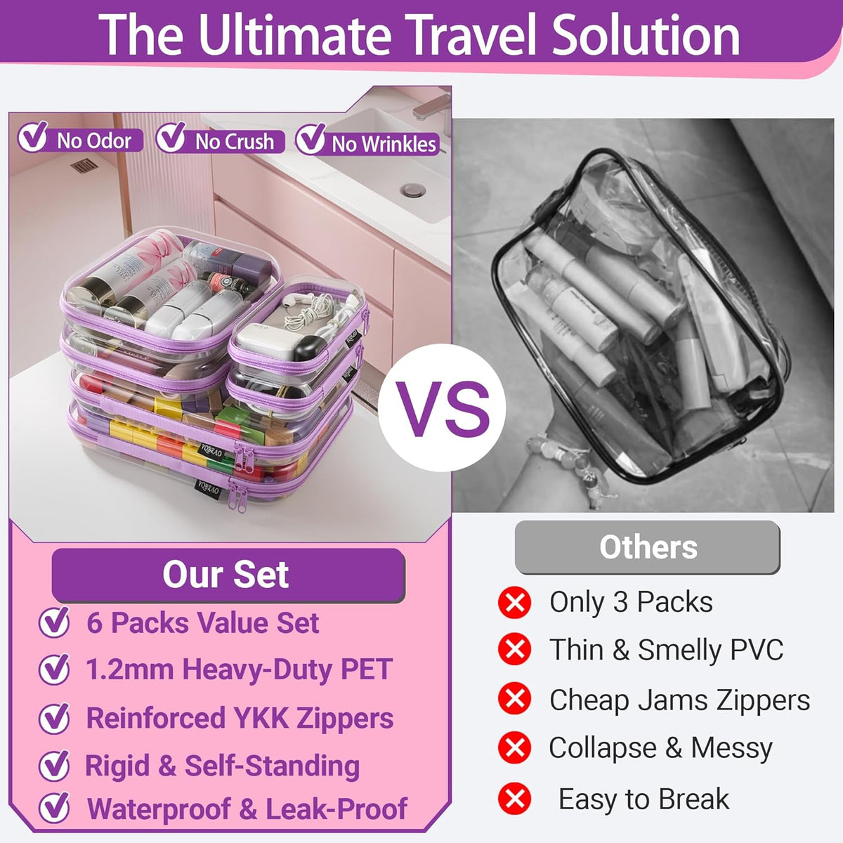 Clear Hard Shell Zipper Case, 1.2mm Heavy Duty Crush-Proof Diaper Bag Organizer Pouches, TSA Approved Travel Makeup Bag for Toiletries & Electronics, (2L, 2M, 2S) Multi-Size Storage Set