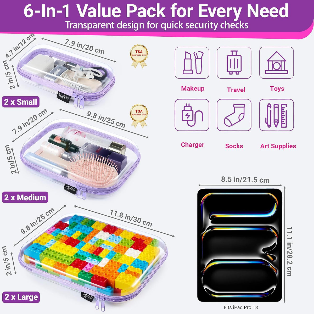 Clear Hard Shell Zipper Case, 1.2mm Heavy Duty Crush-Proof Diaper Bag Organizer Pouches, TSA Approved Travel Makeup Bag for Toiletries & Electronics, (2L, 2M, 2S) Multi-Size Storage Set