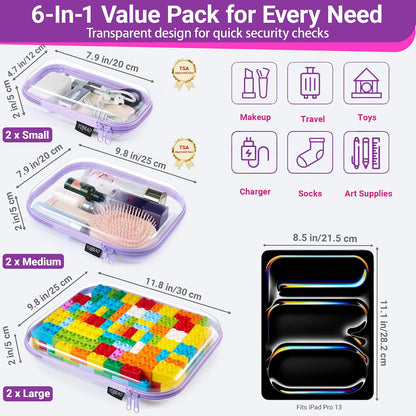 Clear Hard Shell Zipper Case, 1.2mm Heavy Duty Crush-Proof Diaper Bag Organizer Pouches, TSA Approved Travel Makeup Bag for Toiletries & Electronics, (2L, 2M, 2S) Multi-Size Storage Set