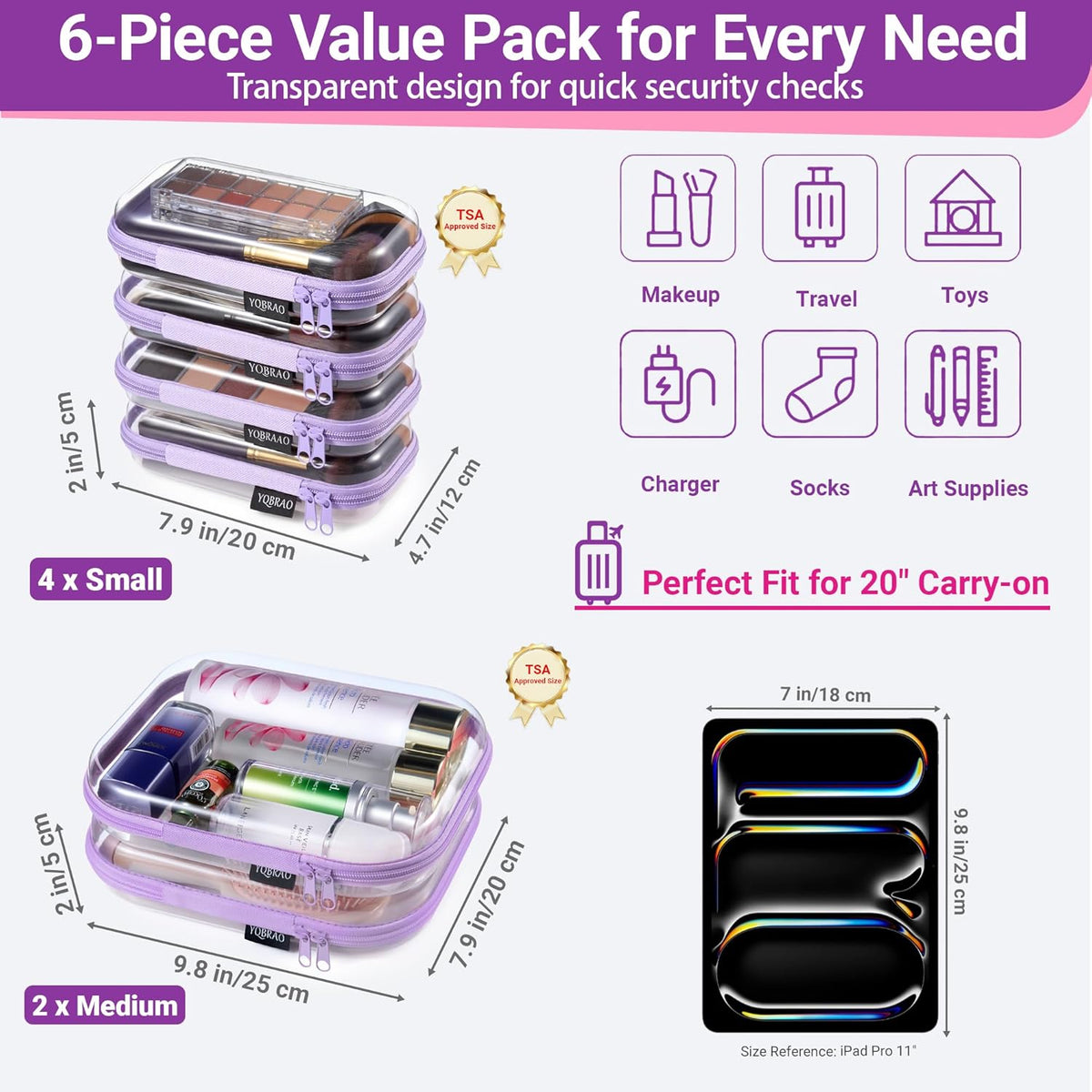 Clear Hard Shell Zipper Case, 1.2mm Heavy Duty Crush-Proof Diaper Bag Organizer Pouches, TSA Approved Travel Makeup Bag for Toiletries & Electronics, (2L, 2M, 2S) Multi-Size Storage Set