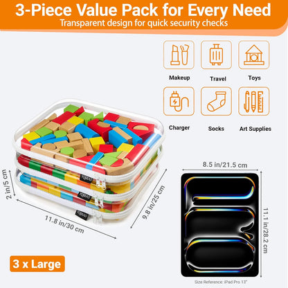 Clear Hard Shell Zipper Case, 1.2mm Heavy Duty Crush-Proof Diaper Bag Organizer Pouches, TSA Approved Travel Makeup Bag for Toiletries & Electronics, (2L, 2M, 2S) Multi-Size Storage Set