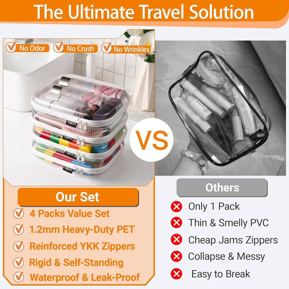 Clear Hard Shell Zipper Case, 1.2mm Heavy Duty Crush-Proof Diaper Bag Organizer Pouches, TSA Approved Travel Makeup Bag for Toiletries & Electronics, (2L, 2M, 2S) Multi-Size Storage Set