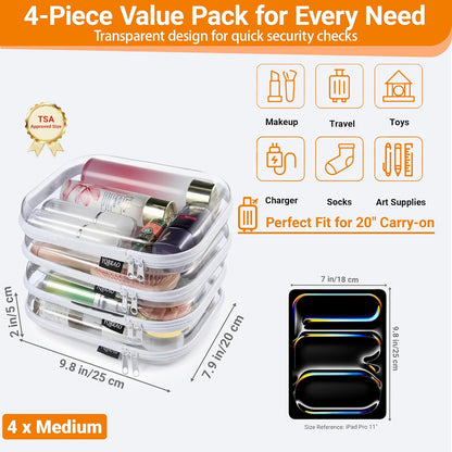 Clear Hard Shell Zipper Case, 1.2mm Heavy Duty Crush-Proof Diaper Bag Organizer Pouches, TSA Approved Travel Makeup Bag for Toiletries & Electronics, (2L, 2M, 2S) Multi-Size Storage Set