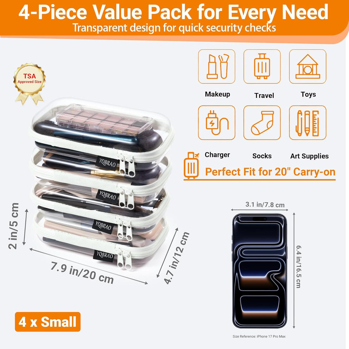 Clear Hard Shell Zipper Case, 1.2mm Heavy Duty Crush-Proof Diaper Bag Organizer Pouches, TSA Approved Travel Makeup Bag for Toiletries & Electronics, (2L, 2M, 2S) Multi-Size Storage Set
