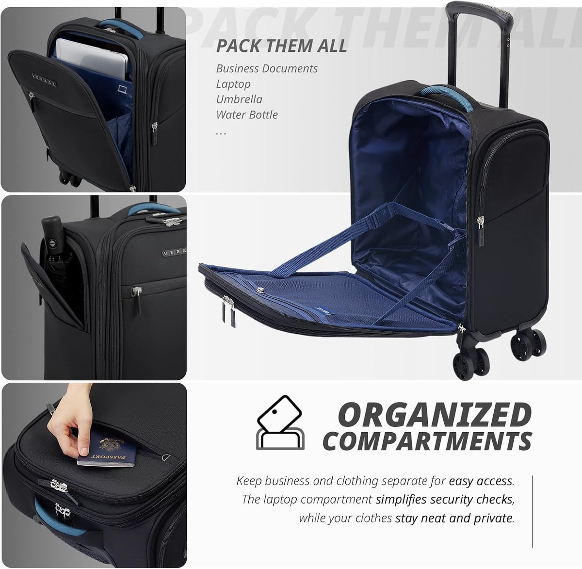 Under Seat Luggage with Wheels, Softside Small Suitcase Spinner Carry On Luggage Bags for Airlines Airplanes Short Trip Men Women (Black, 14.5-Inch Plus Underseat)