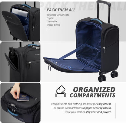 Under Seat Luggage with Wheels, Softside Small Suitcase Spinner Carry On Luggage Bags for Airlines Airplanes Short Trip Men Women (Black, 14.5-Inch Plus Underseat)