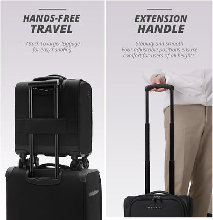 Under Seat Luggage with Wheels, Softside Small Suitcase Spinner Carry On Luggage Bags for Airlines Airplanes Short Trip Men Women (Black, 14.5-Inch Plus Underseat)