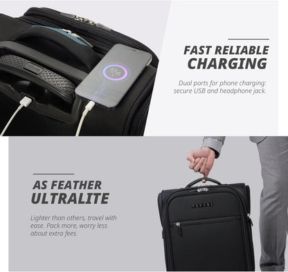 Under Seat Luggage with Wheels, Softside Small Suitcase Spinner Carry On Luggage Bags for Airlines Airplanes Short Trip Men Women (Black, 14.5-Inch Plus Underseat)