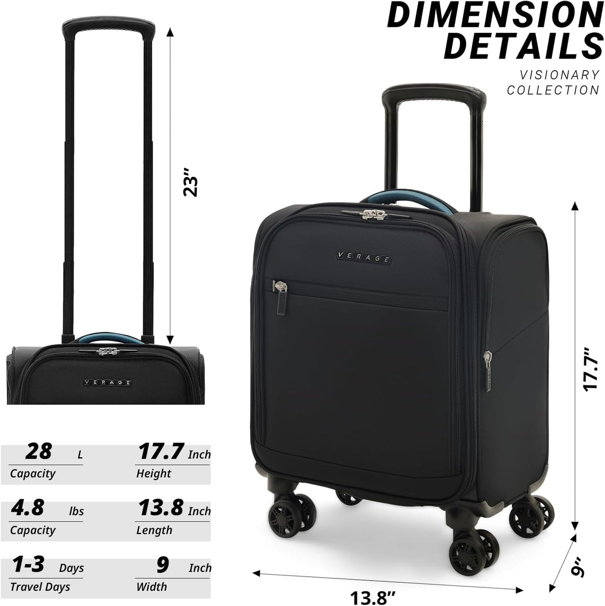 Under Seat Luggage with Wheels, Softside Small Suitcase Spinner Carry On Luggage Bags for Airlines Airplanes Short Trip Men Women (Black, 14.5-Inch Plus Underseat)