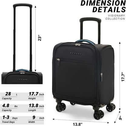 Under Seat Luggage with Wheels, Softside Small Suitcase Spinner Carry On Luggage Bags for Airlines Airplanes Short Trip Men Women (Black, 14.5-Inch Plus Underseat)