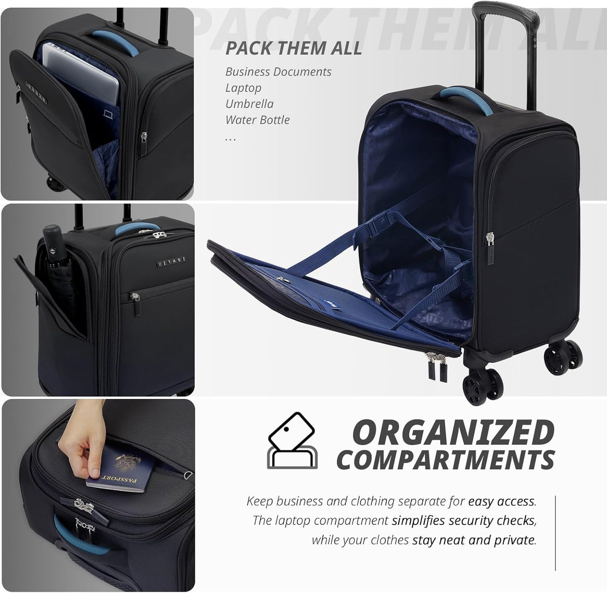 Under Seat Luggage with Wheels, Softside Small Suitcase Spinner Carry On Luggage Bags for Airlines Airplanes Short Trip Men Women (Black, 14.5-Inch Plus Underseat)