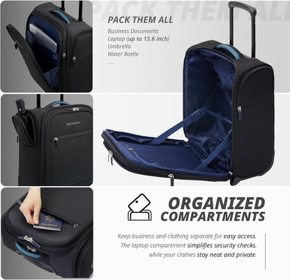 Under Seat Luggage with Wheels, Softside Small Suitcase Spinner Carry On Luggage Bags for Airlines Airplanes Short Trip Men Women (Black, 14.5-Inch Plus Underseat)