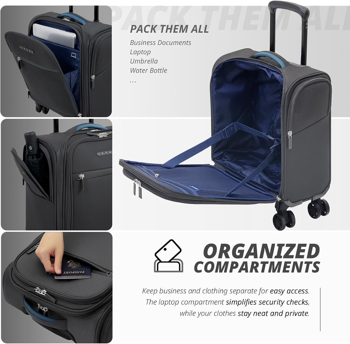 Under Seat Luggage with Wheels, Softside Small Suitcase Spinner Carry On Luggage Bags for Airlines Airplanes Short Trip Men Women (Black, 14.5-Inch Plus Underseat)