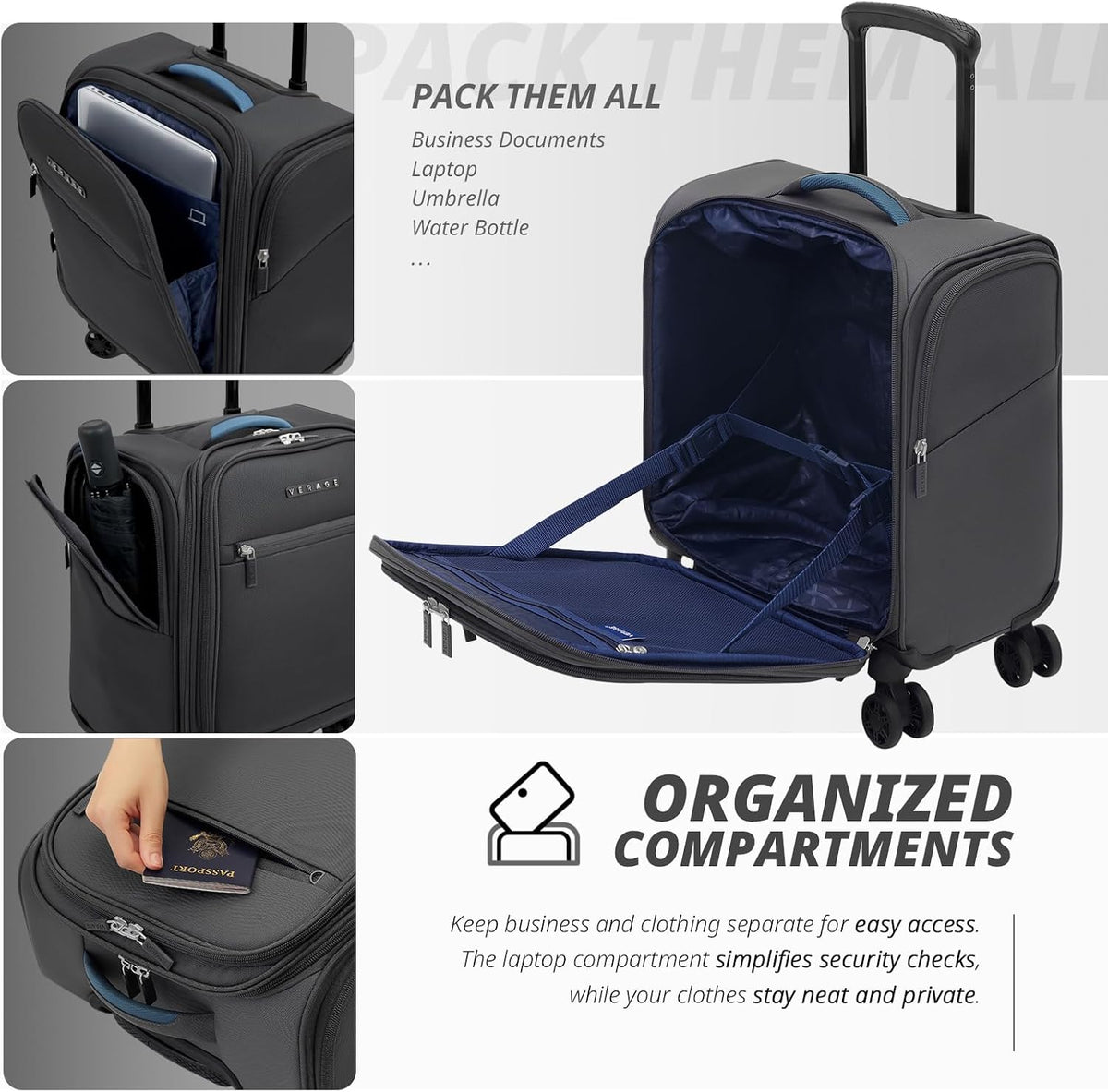 Under Seat Luggage with Wheels, Softside Small Suitcase Spinner Carry On Luggage Bags for Airlines Airplanes Short Trip Men Women (Black, 14.5-Inch Plus Underseat)
