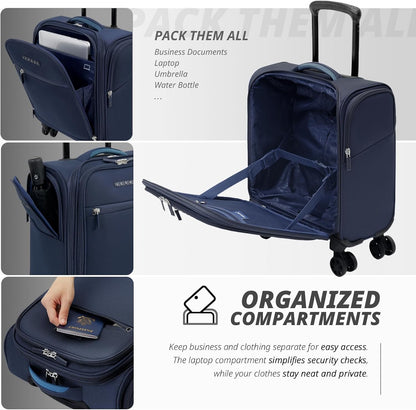 Under Seat Luggage with Wheels, Softside Small Suitcase Spinner Carry On Luggage Bags for Airlines Airplanes Short Trip Men Women (Black, 14.5-Inch Plus Underseat)