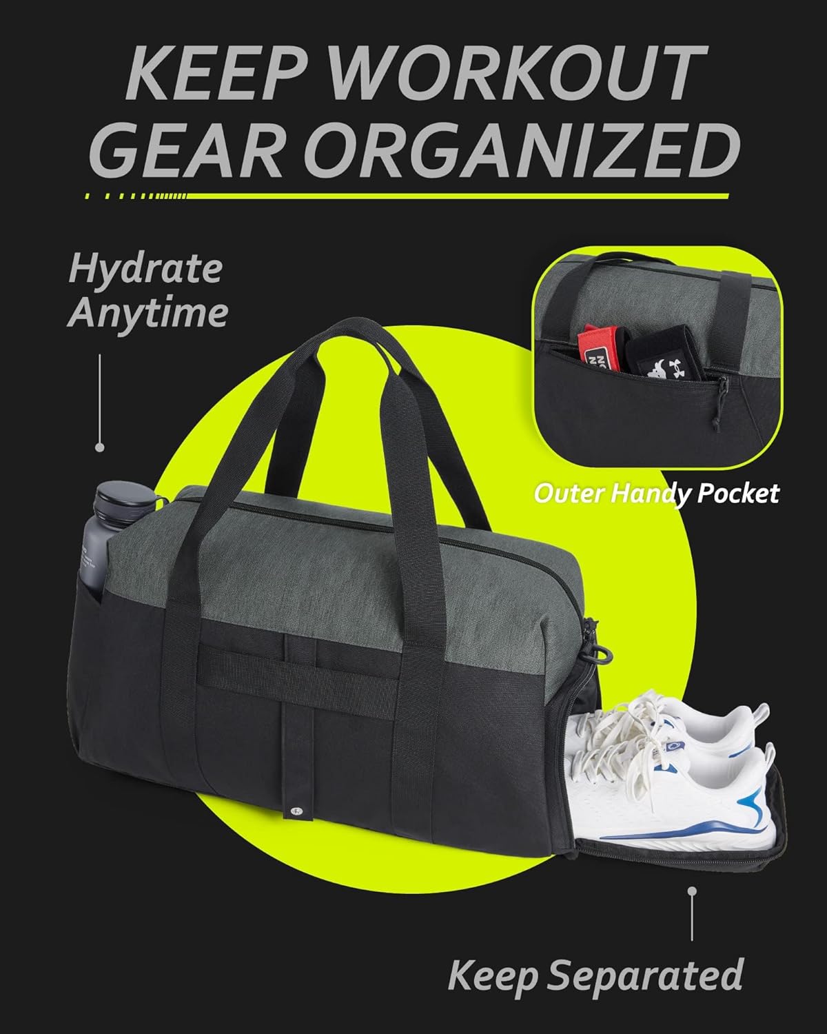 Gym Bags for Men Women, Foldable Travel Duffle Bag, Lightweight Weekender Duffel Bag With Shoe Compartment, Water Resistant Workout Duffle Sports Bag for Travel Yoga, Black