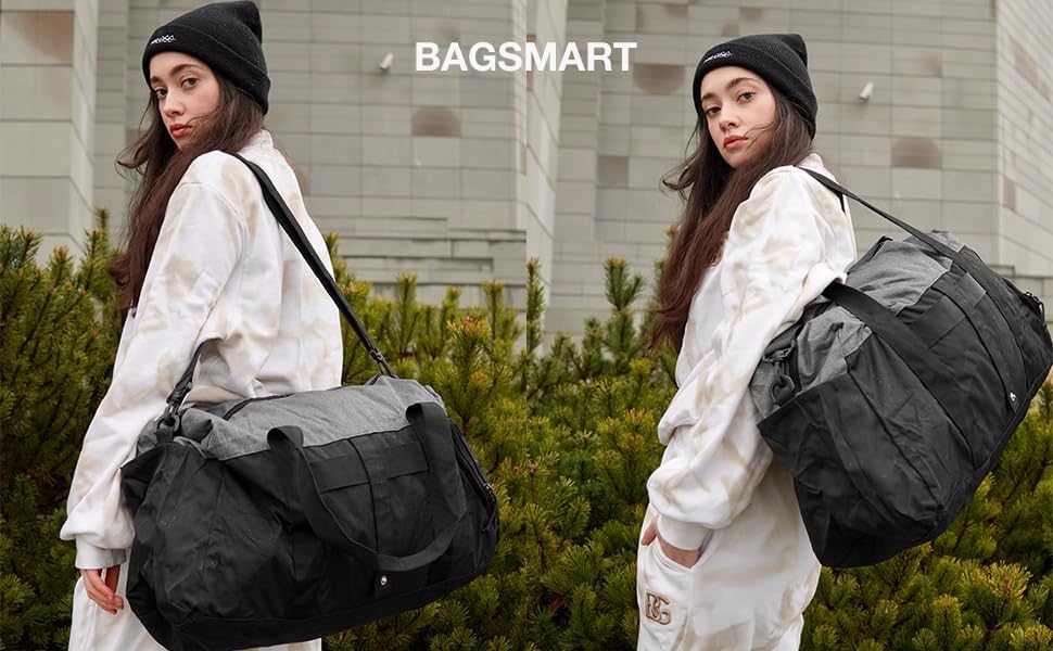 Gym Bags for Men Women, Foldable Travel Duffle Bag, Lightweight Weekender Duffel Bag With Shoe Compartment, Water Resistant Workout Duffle Sports Bag for Travel Yoga, Black