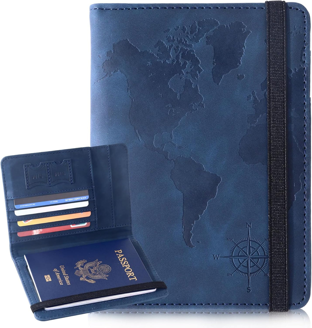 Passport Holder and Card Slot Combo RFID Blocking Leather Personalized Travel Passport Wallet for Men and Women US Passport Cover Protector (Map blue)
