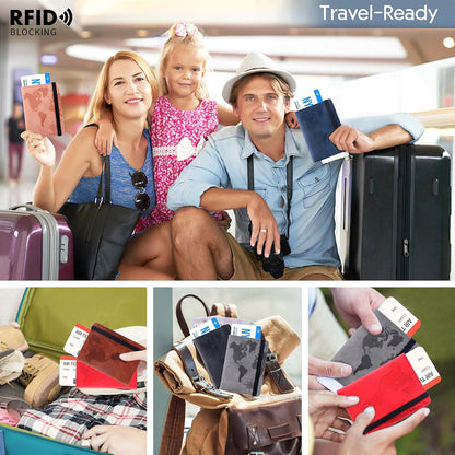 Passport Holder and Card Slot Combo RFID Blocking Leather Personalized Travel Passport Wallet for Men and Women US Passport Cover Protector (Map blue)