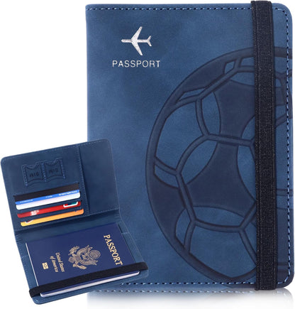 Passport Holder and Card Slot Combo RFID Blocking Leather Personalized Travel Passport Wallet for Men and Women US Passport Cover Protector (Map blue)