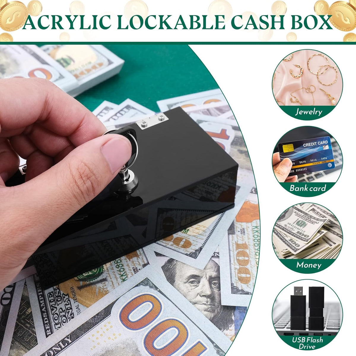 Acrylic Cash Box for Gambler Pocket Size, Winners Bank with 2 Keys Storage Bag, Compact Portable Secure Money Organizer Safe Lock Box for Casino, Control Gambler,Navy Blue,1 Pack