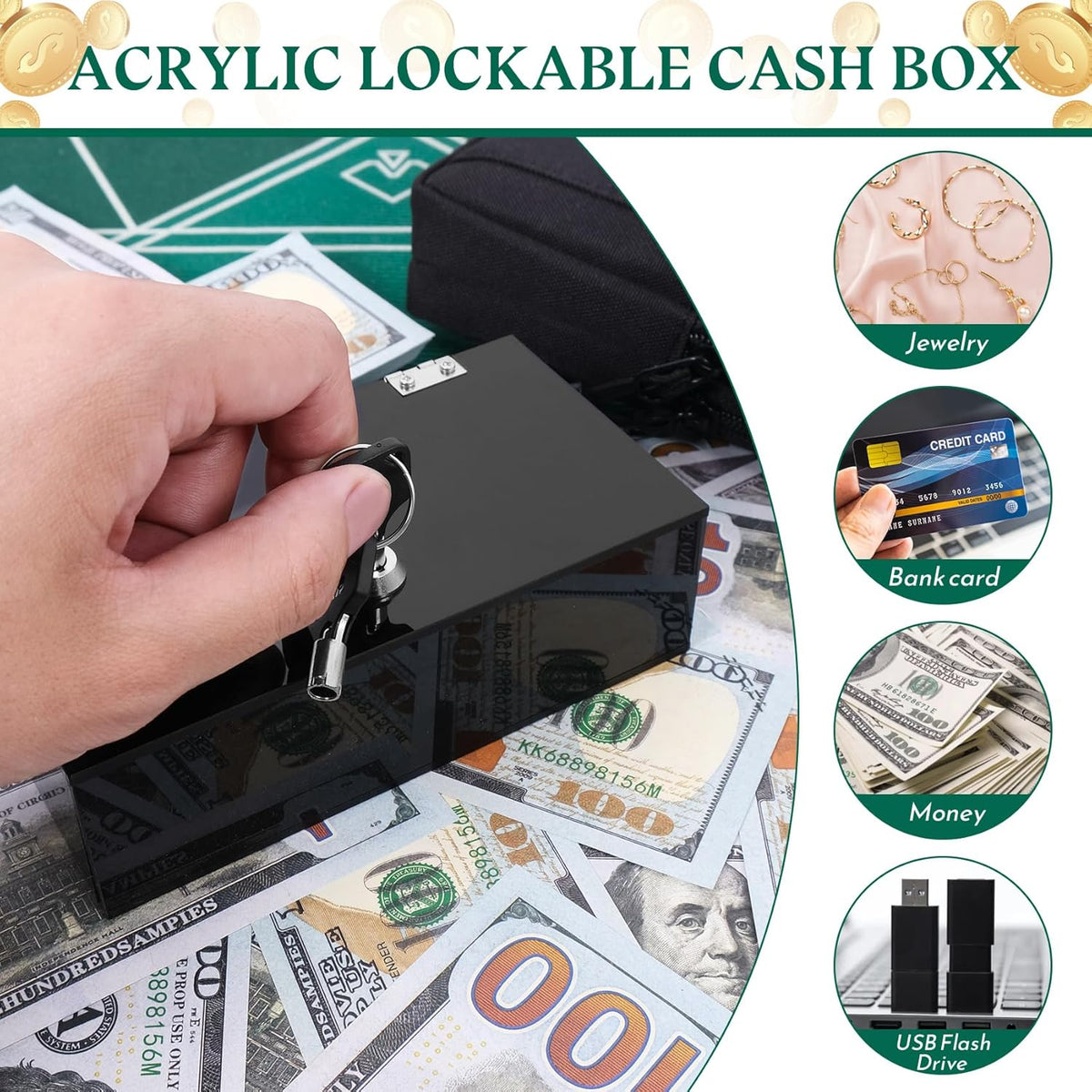 Acrylic Cash Box for Gambler Pocket Size, Winners Bank with 2 Keys Storage Bag, Compact Portable Secure Money Organizer Safe Lock Box for Casino, Control Gambler,Navy Blue,1 Pack