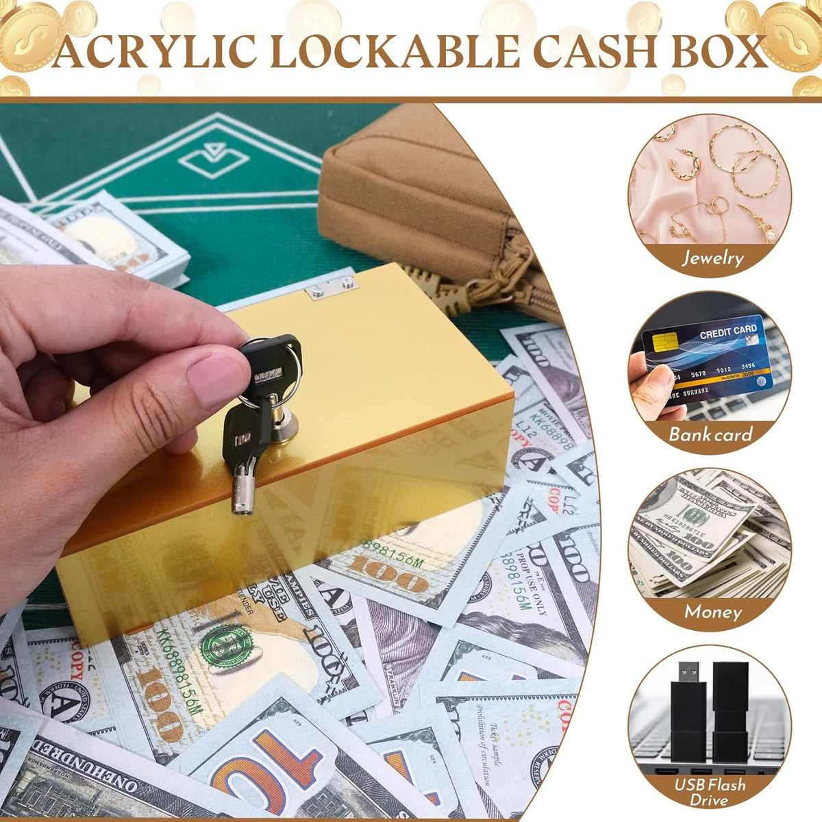Acrylic Cash Box for Gambler Pocket Size, Winners Bank with 2 Keys Storage Bag, Compact Portable Secure Money Organizer Safe Lock Box for Casino, Control Gambler,Navy Blue,1 Pack