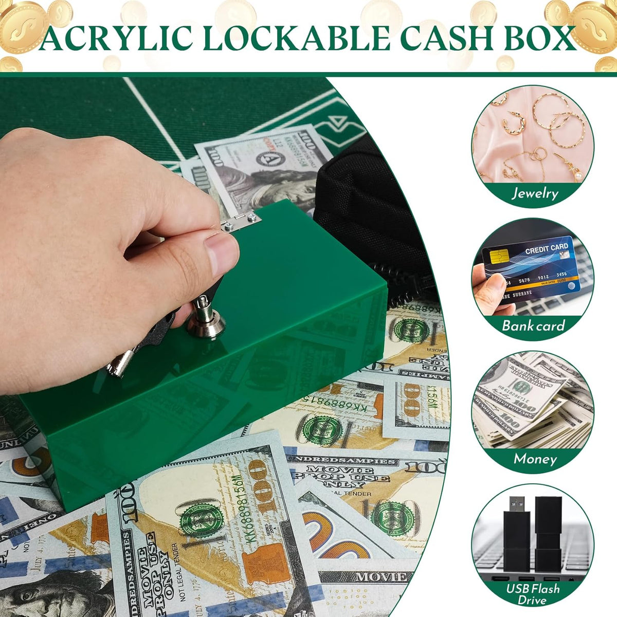 Acrylic Cash Box for Gambler Pocket Size, Winners Bank with 2 Keys Storage Bag, Compact Portable Secure Money Organizer Safe Lock Box for Casino, Control Gambler,Navy Blue,1 Pack