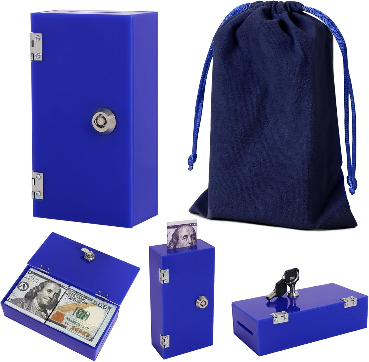 Acrylic Cash Box for Gambler Pocket Size, Winners Bank with 2 Keys Storage Bag, Compact Portable Secure Money Organizer Safe Lock Box for Casino, Control Gambler,Navy Blue,1 Pack