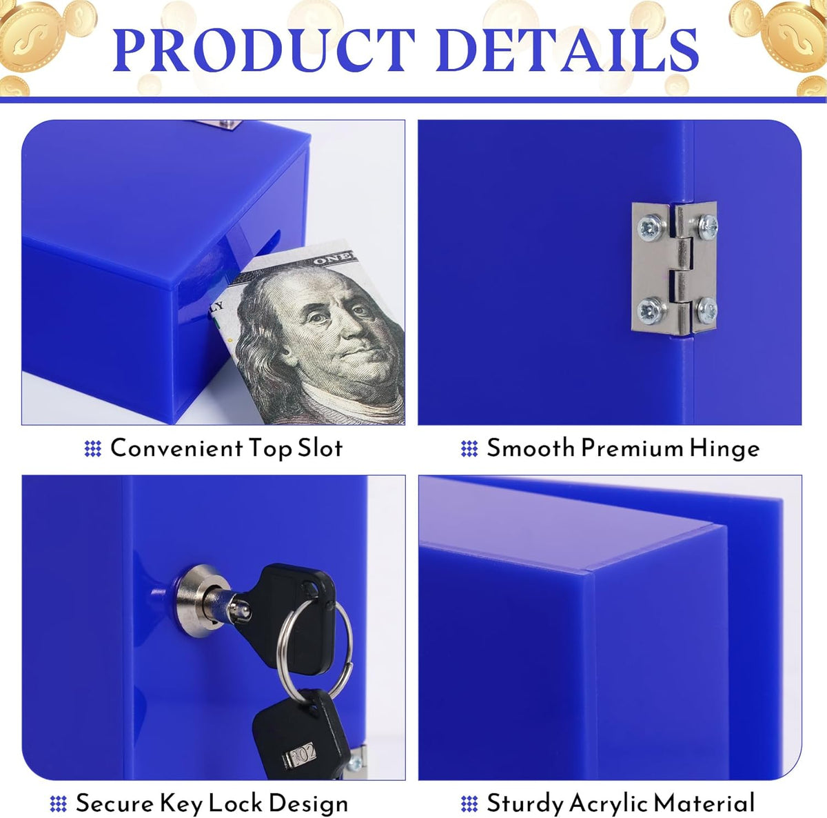 Acrylic Cash Box for Gambler Pocket Size, Winners Bank with 2 Keys Storage Bag, Compact Portable Secure Money Organizer Safe Lock Box for Casino, Control Gambler,Navy Blue,1 Pack