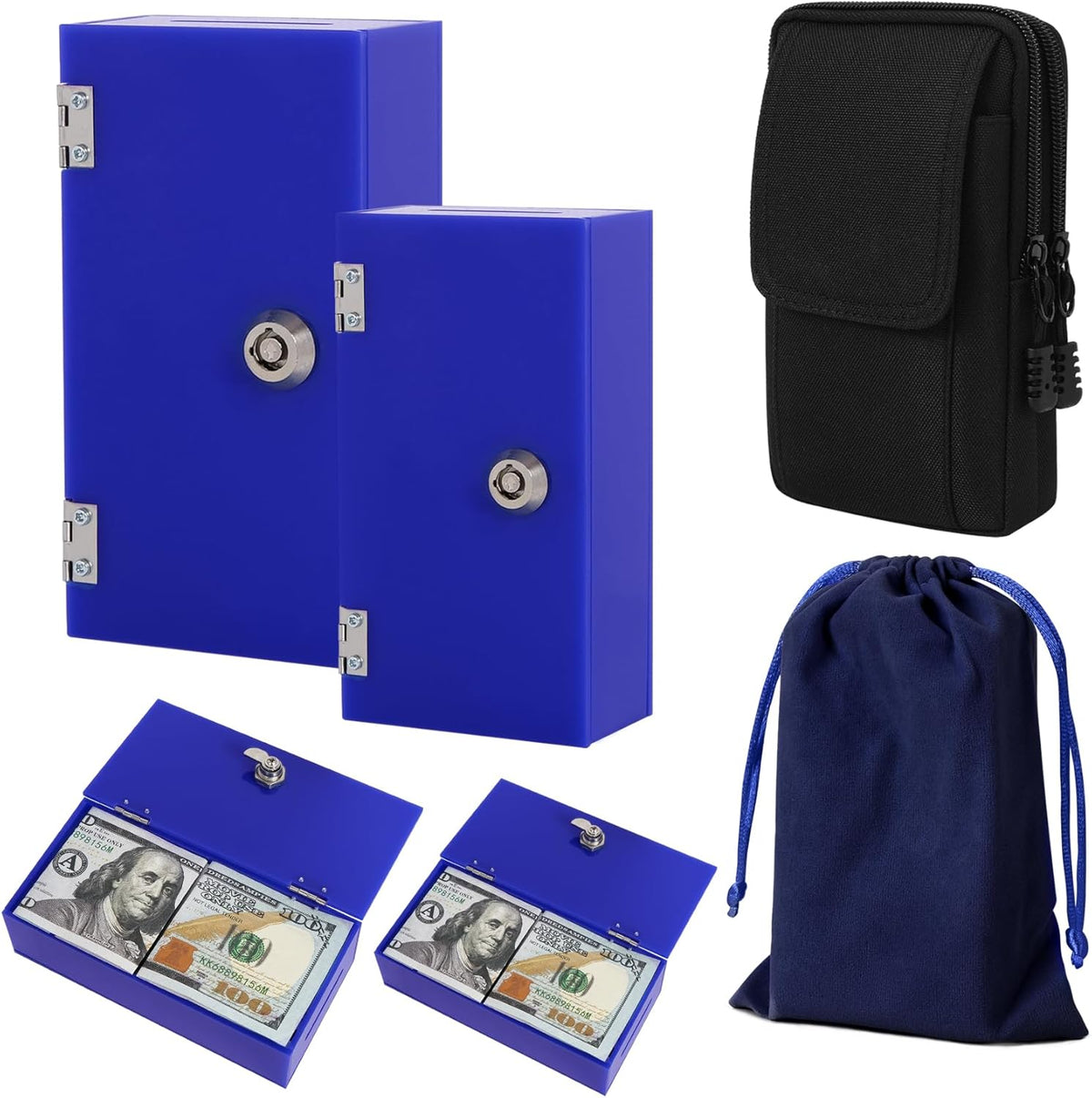 Acrylic Cash Box for Gambler Pocket Size, Winners Bank with 2 Keys Storage Bag, Compact Portable Secure Money Organizer Safe Lock Box for Casino, Control Gambler,Navy Blue,1 Pack