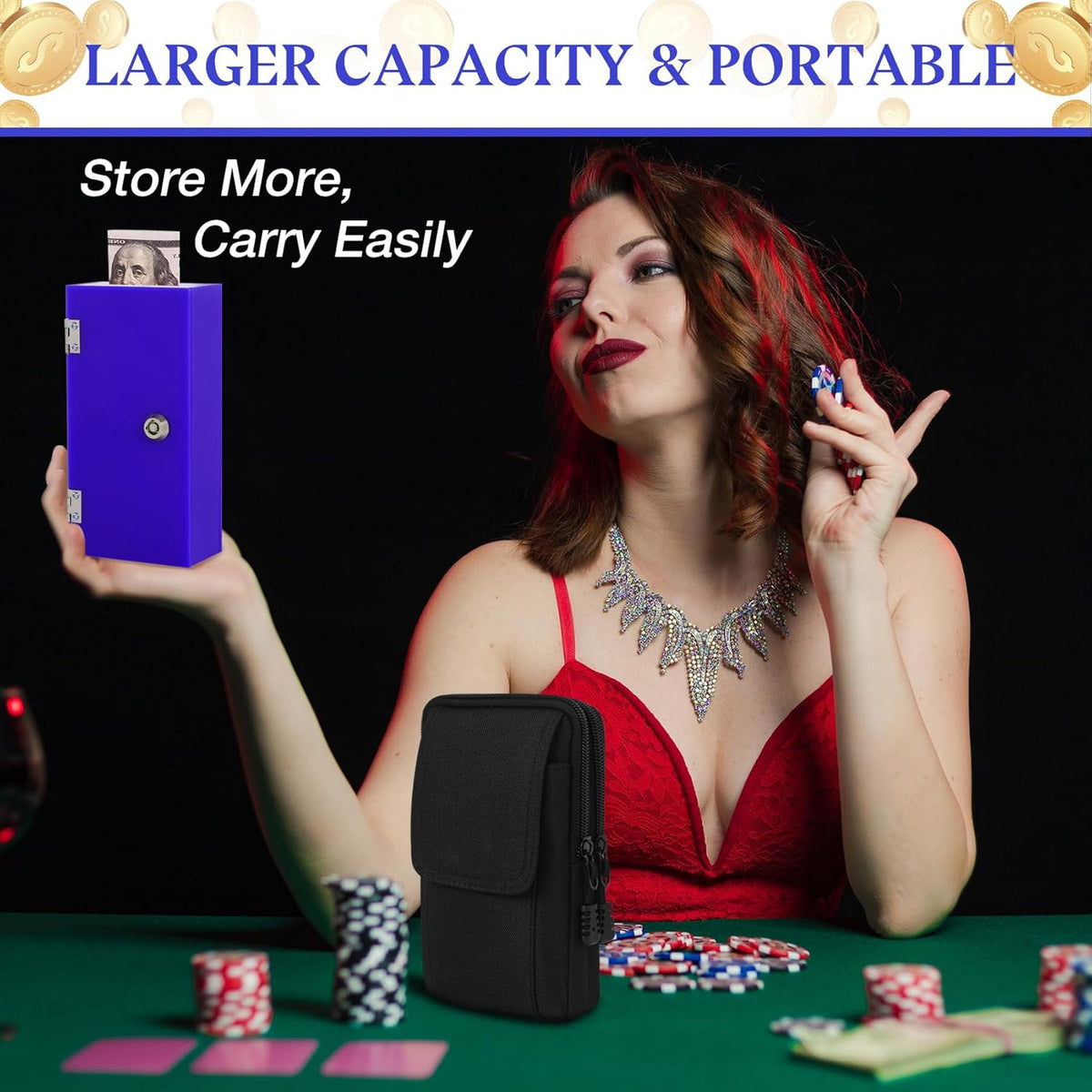 Acrylic Cash Box for Gambler Pocket Size, Winners Bank with 2 Keys Storage Bag, Compact Portable Secure Money Organizer Safe Lock Box for Casino, Control Gambler,Navy Blue,1 Pack