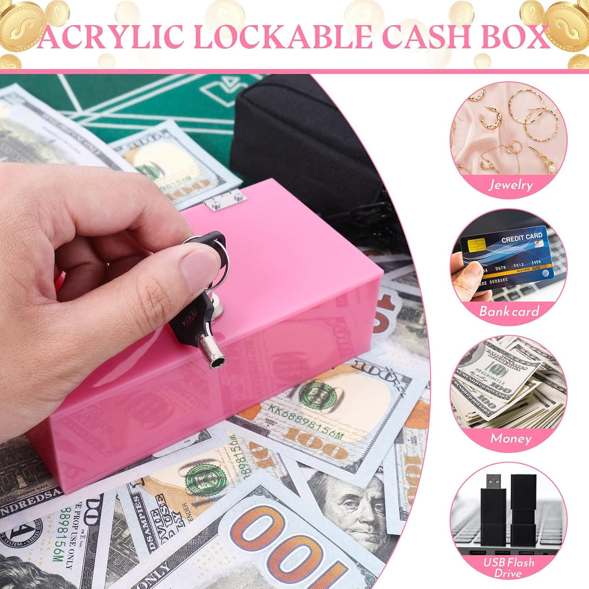 Acrylic Cash Box for Gambler Pocket Size, Winners Bank with 2 Keys Storage Bag, Compact Portable Secure Money Organizer Safe Lock Box for Casino, Control Gambler,Navy Blue,1 Pack