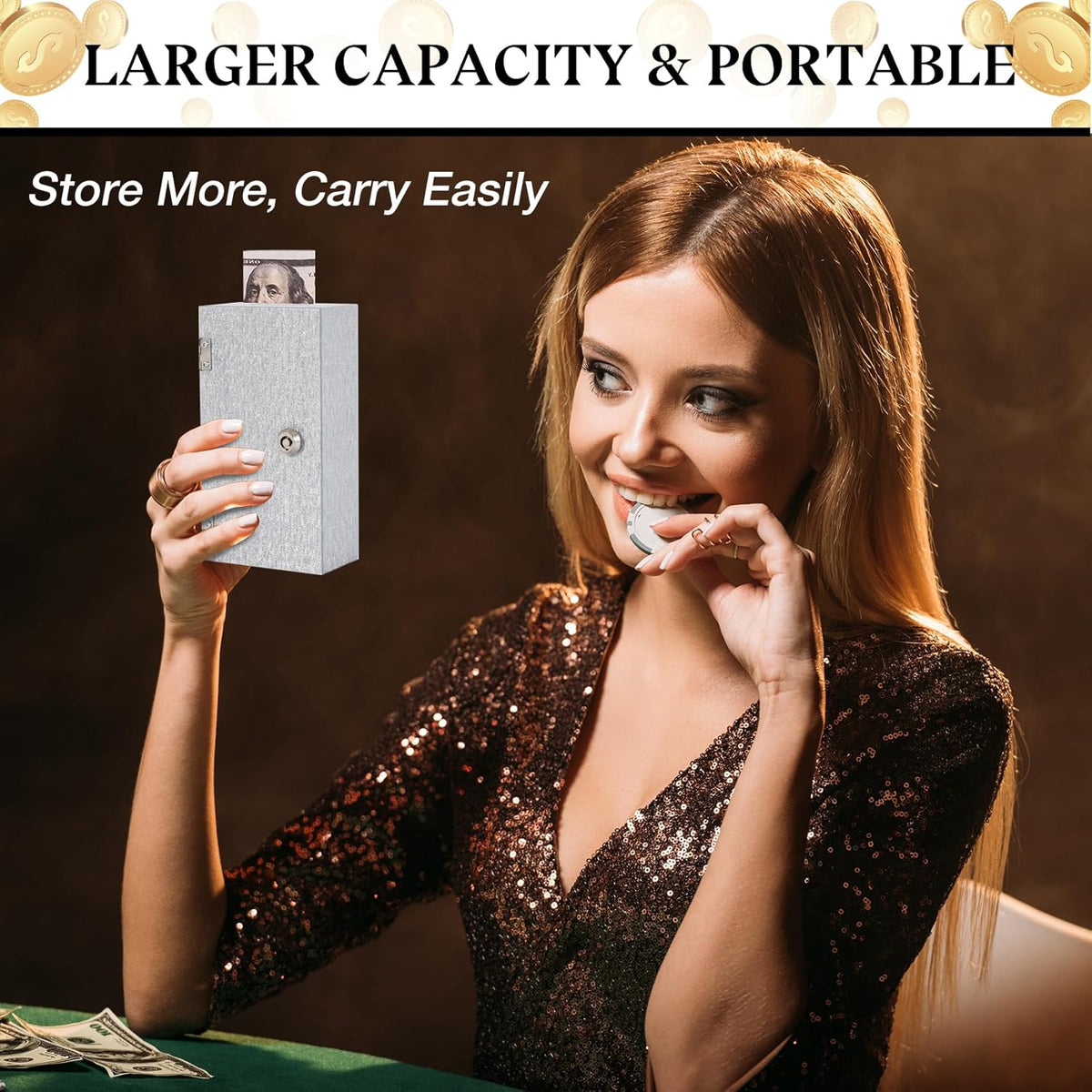 Acrylic Cash Box for Gambler Pocket Size, Winners Bank with 2 Keys Storage Bag, Compact Portable Secure Money Organizer Safe Lock Box for Casino, Control Gambler,Navy Blue,1 Pack