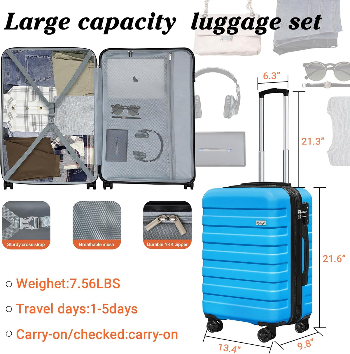 Explorer 20 Inch Carry On - Hardshell Suitcases with Front Pocket, Blue