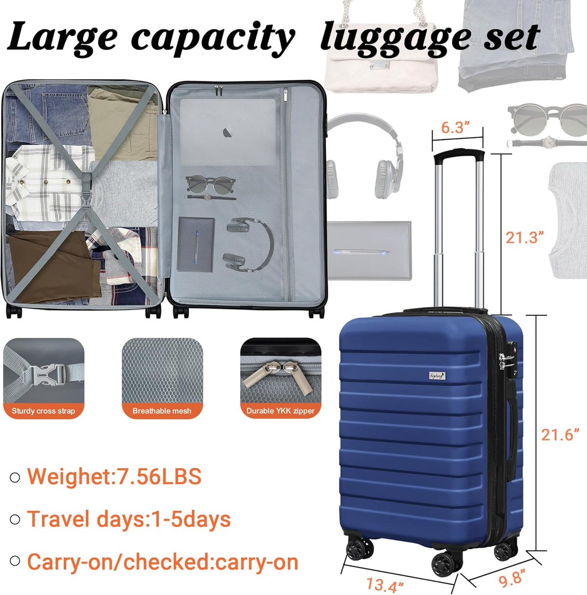 Explorer 20 Inch Carry On - Hardshell Suitcases with Front Pocket, Blue