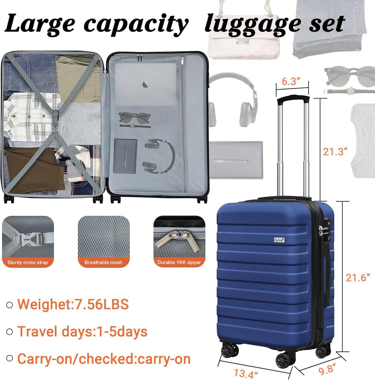 Explorer 20 Inch Carry On - Hardshell Suitcases with Front Pocket, Blue