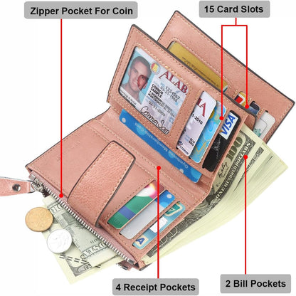 Small Compact Women Wallet RFID Blocking Genuine Leather Bifold Purse with ID Windows - Colors B