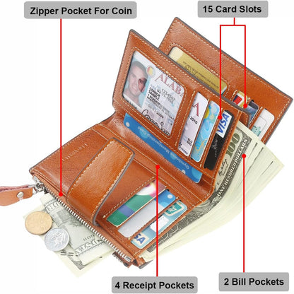 Small Compact Women Wallet RFID Blocking Genuine Leather Bifold Purse with ID Windows - Colors B