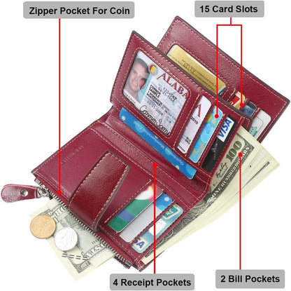 Small Compact Women Wallet RFID Blocking Genuine Leather Bifold Purse with ID Windows - Colors B